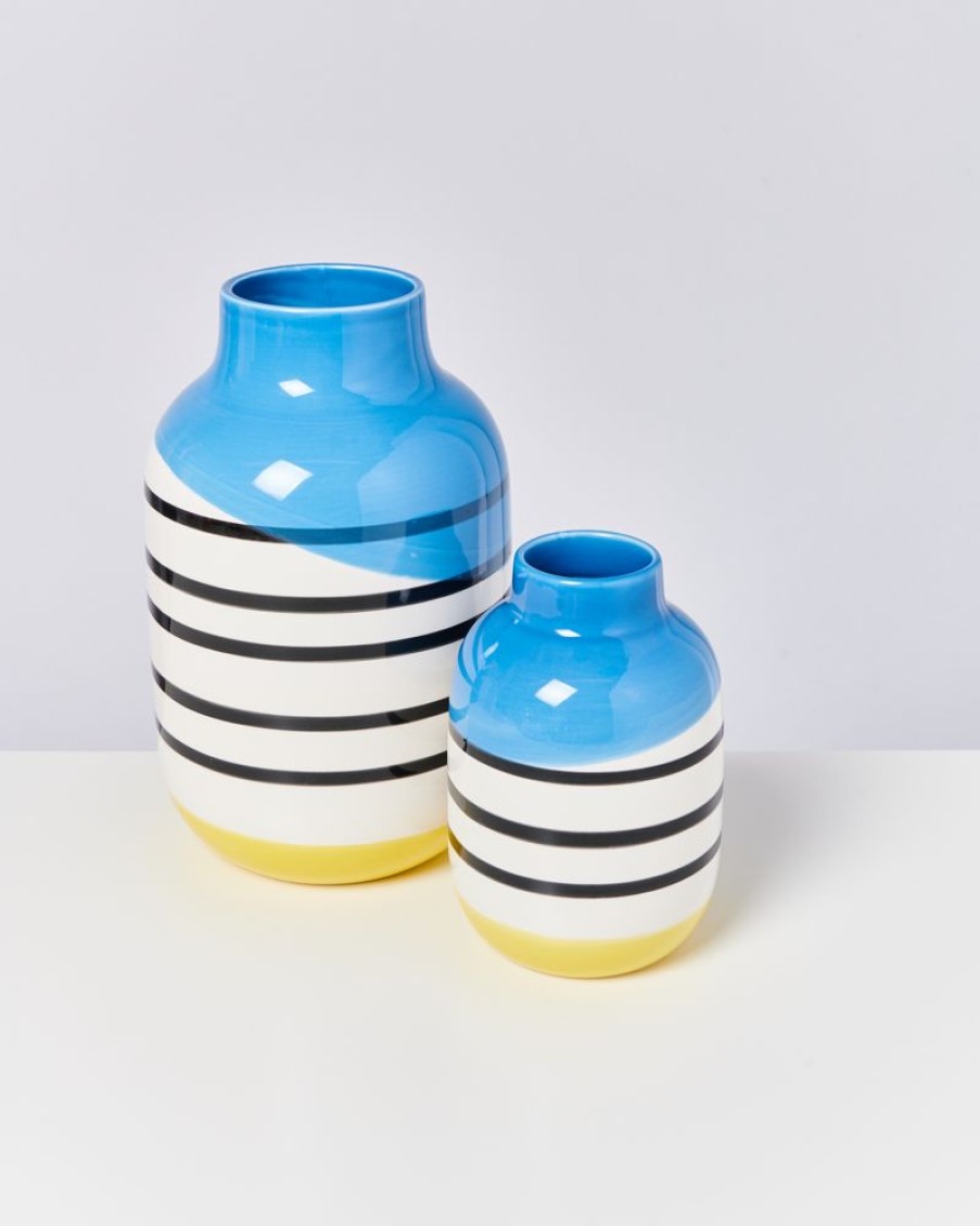 Accessoires Motel a Miio | Nuno Vase L Schwarz-Weis Gestreift Mit Blau