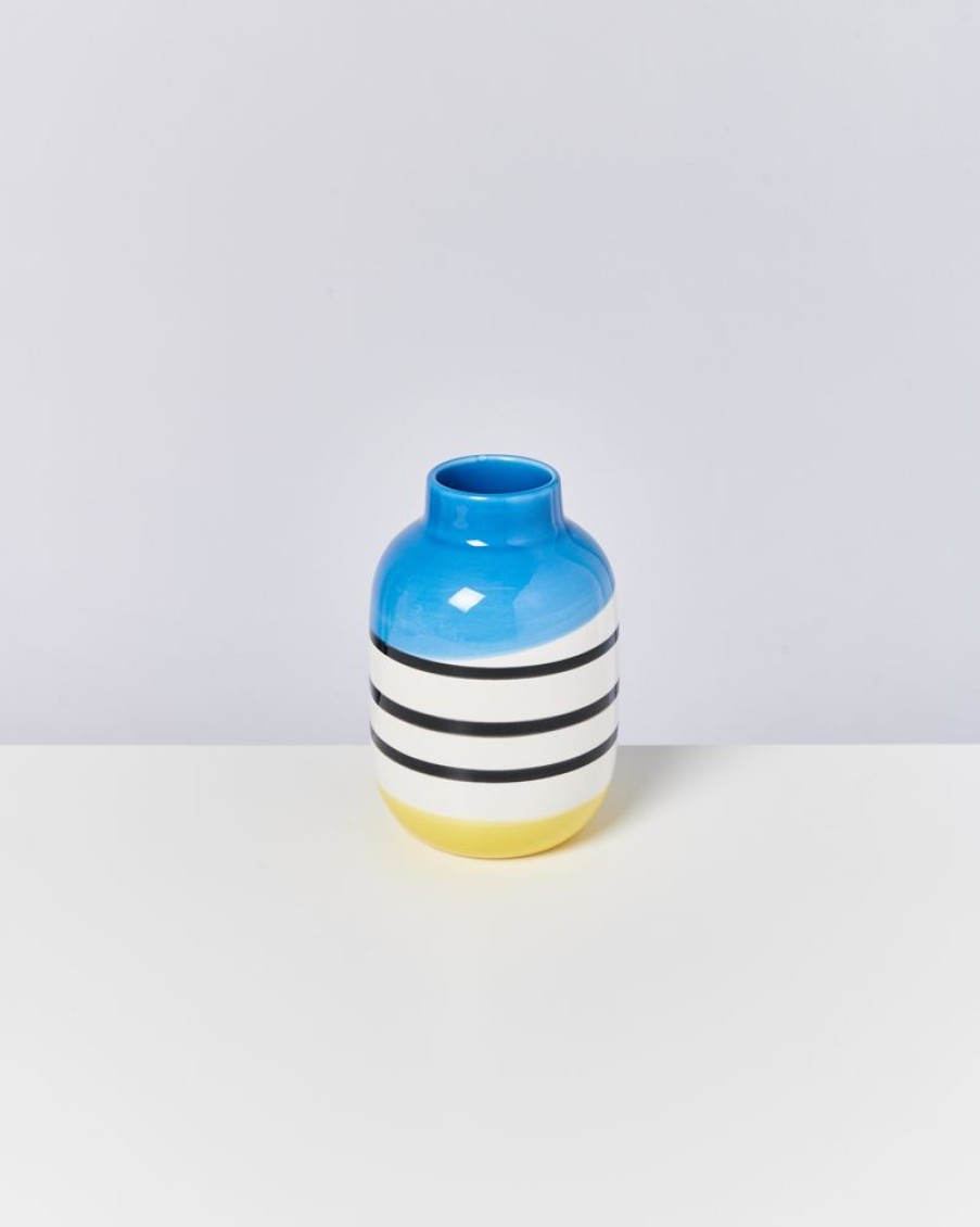 Accessoires Motel a Miio | Nuno Vase M Schwarz-Weis Gestreift Mit Blau